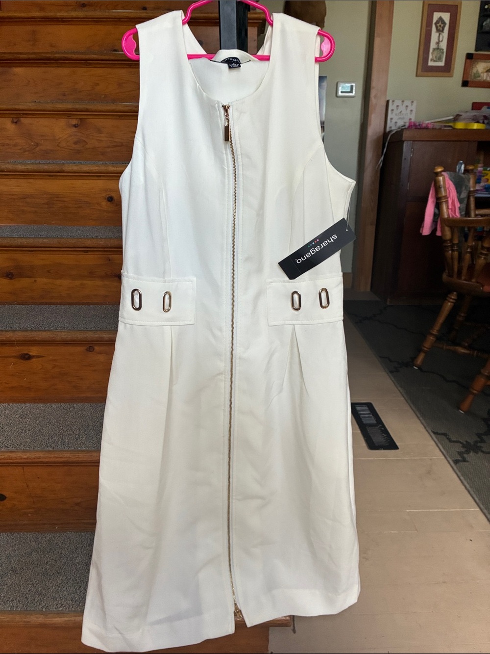 Sharagano: Cream Sleeveless Zip-Front Dress with Buckle Accents
